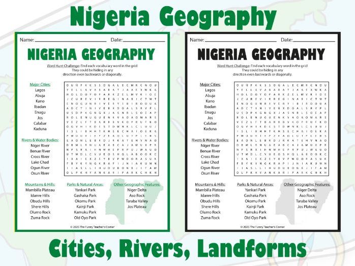 Nigeria Geography Word Search | Cities, Rivers, Landforms & National Parks