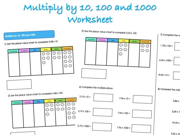 Decimals Worksheet - Multiply by 10, 100 and 1000