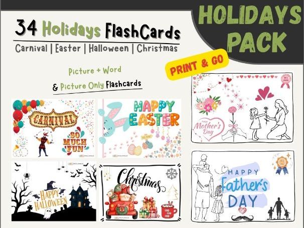 Holidays Flashcards Bundle for ESL Kindergarten - 34 Words Year-Round Themes