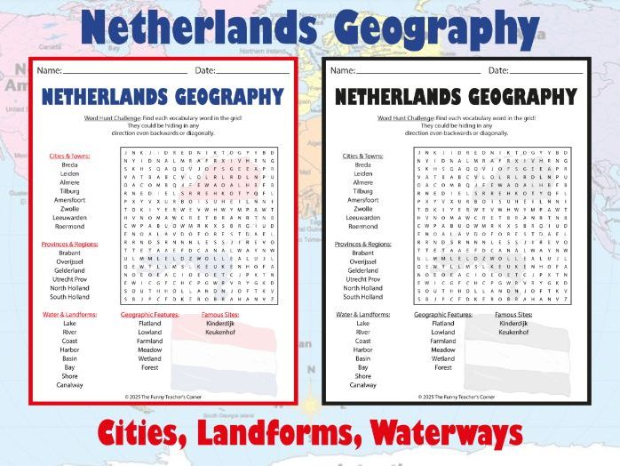 Netherlands Geography Word Search | Cities, Landforms, Waterways | Grades 4–7