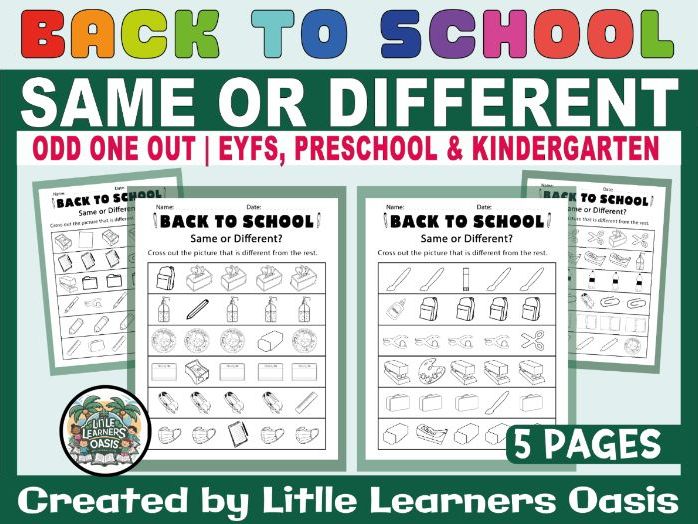 Back to School Same or Different Worksheets | Odd One Out | EYFS, Preschool & Kindergarten