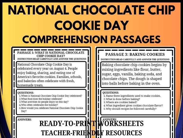 National Chocolate Chip Cookie Day Reading Comprehension | 20 Passages & Questions | Grades 2–8
