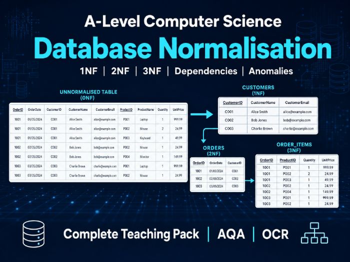 Database Normalisation (1NF, 2NF, 3NF) — Complete A-Level Computer Science Teaching Pack (AQA | OCR)