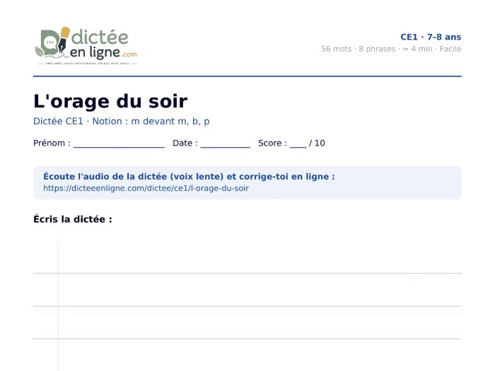 French Dictation CE1 (Year 3 / Grade 2): "L'orage du soir" – m before m, b, p – with answer key