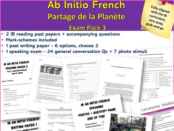 IB-style French Ab Initio Exam–Writing, Reading & Speaking | Partage de la Planete theme(3)
