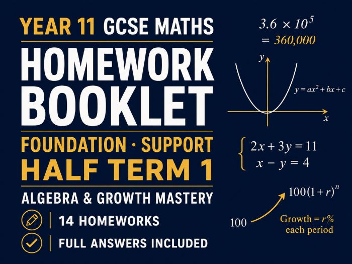 Year 11 GCSE Foundation Maths Homework Booklet – Support Half Term 1 with Answers