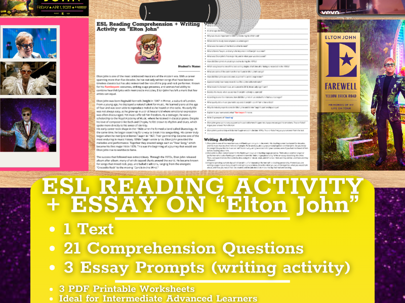 ESL Reading Comprehension + Writing Activity Worksheets on Elton John