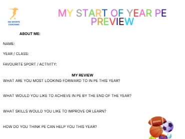 My Start of Year PE Preview – Student Reflection & Goal-Setting Worksheet