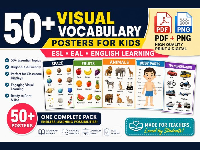 50+ Visual Vocabulary Poster Pack for Kids | PDF + PNG | ESL EAL English Learning | Ready-to-Use