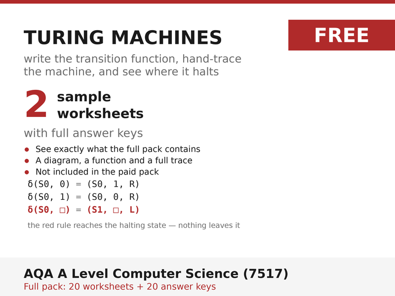 FREE Turing Machines Sample | AQA A Level Computer Science 7517 | 2 Worksheets + Answers