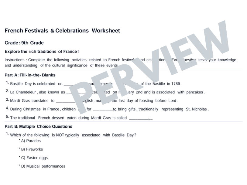 French Festivals & Celebrations Worksheet