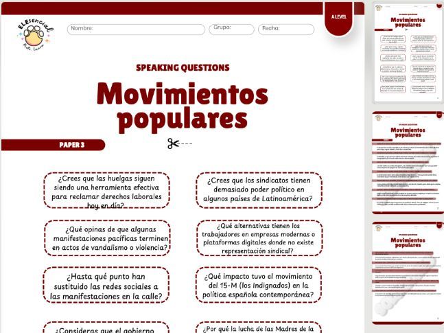 AS/A Level Spanish Speaking Cards: Movimientos Populares