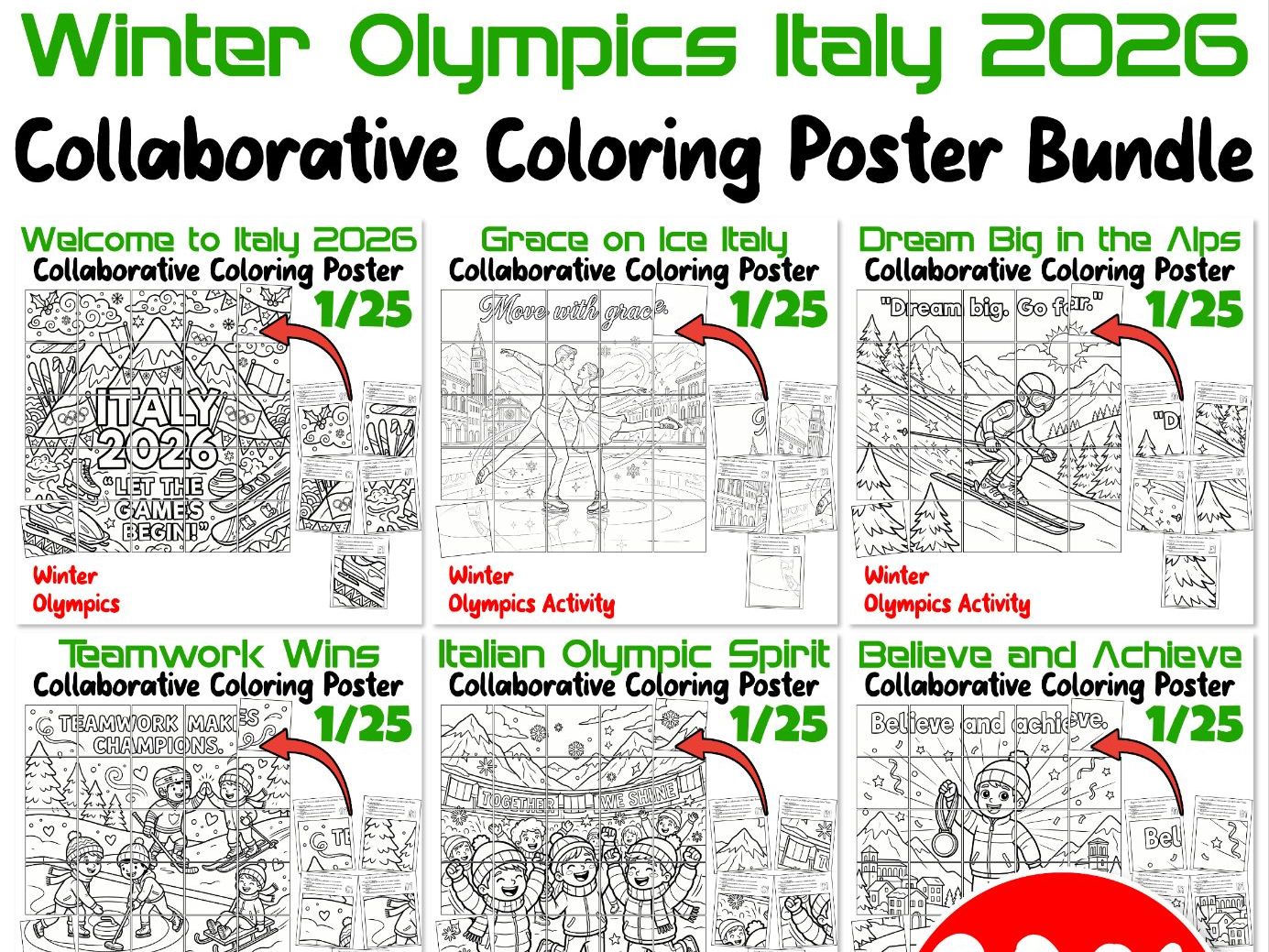 Winter Olympics Italy 2026 Collaborative Coloring Poster Bundle