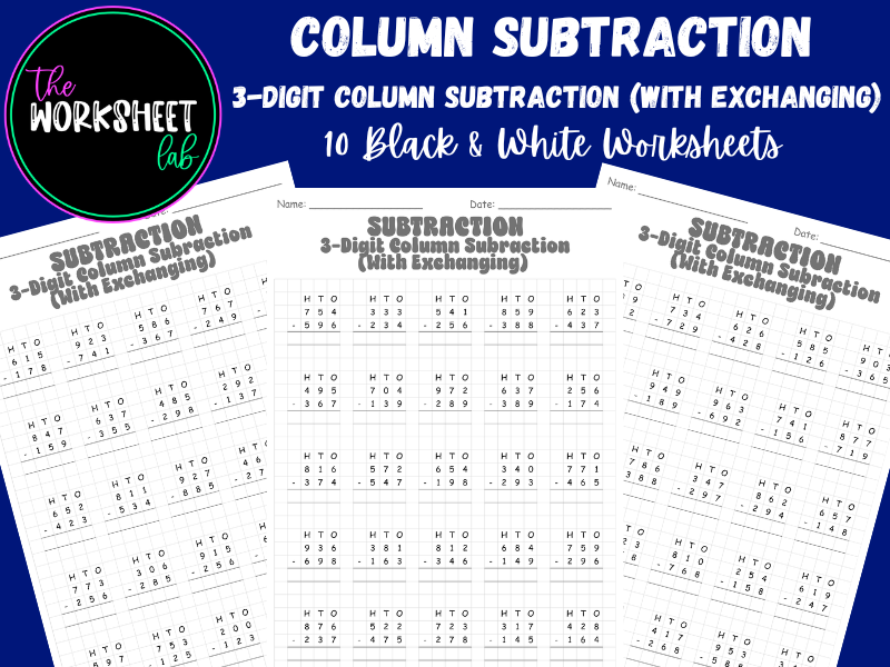 Subtraction: 3-Digit Column Subtraction (With Exchanging) Worksheets