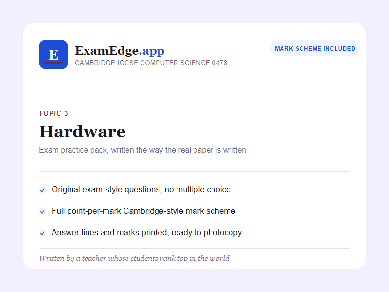 IGCSE Computer Science 0478: Hardware Exam Practice Pack + Full Mark Scheme