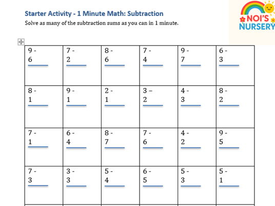 FREE - One Minute Subtraction Starter Activity