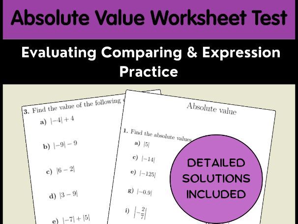 Absolute Value Worksheet Test | Evaluating Comparing & Expression Practice