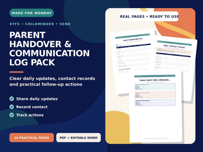 Parent Handover & Communication Log Pack - EYFS Childminder SEND