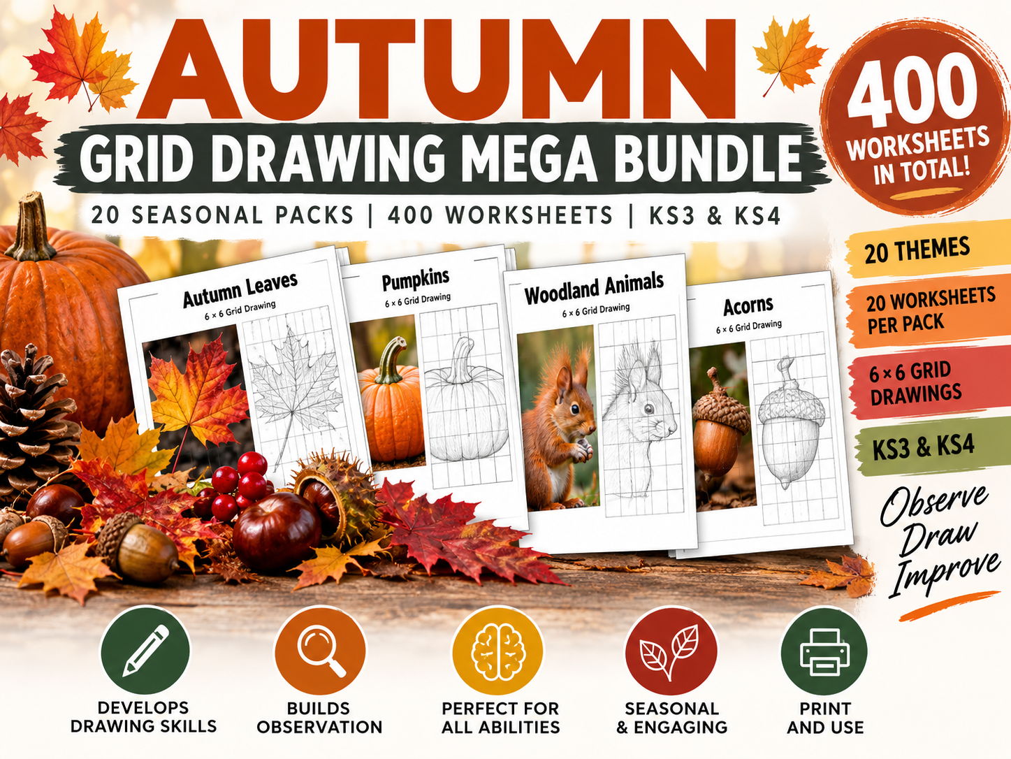 Autumn Grid Drawing Mega Bundle | 400 Art Worksheets | 20 Seasonal Packs | KS3 & KS4