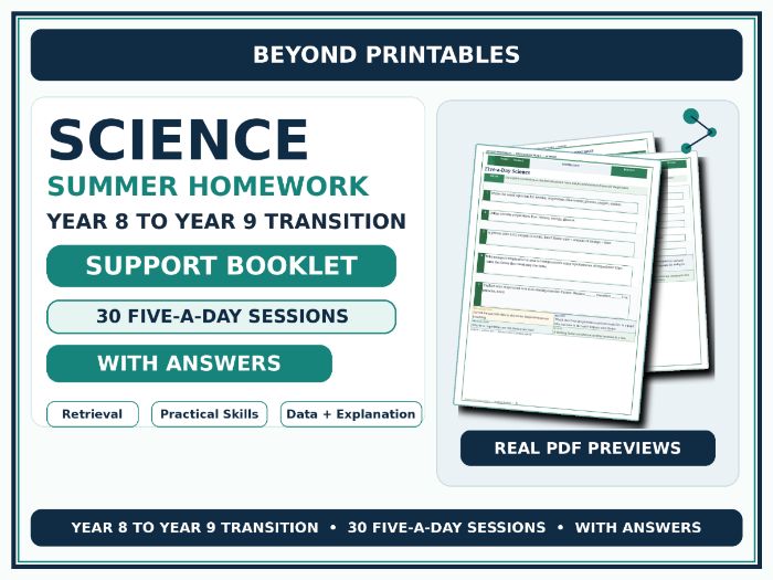 Science Summer Homework Booklet — Year 8 to Year 9 Transition — Support — With Answers