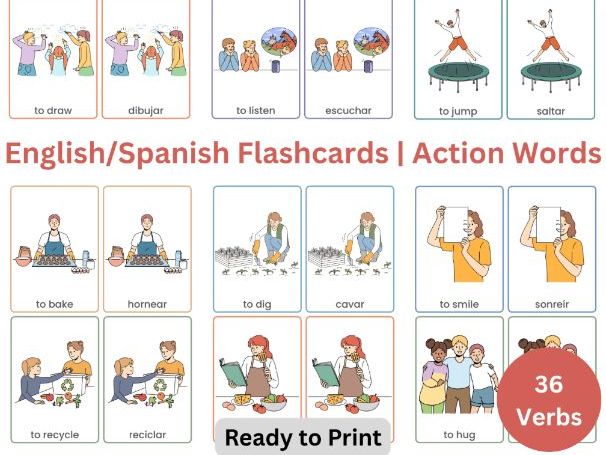 English - Spanish Flashcards – Verbs | 36 Action Words + 'I Can' Verb Charts | Beginner Spanish ESL