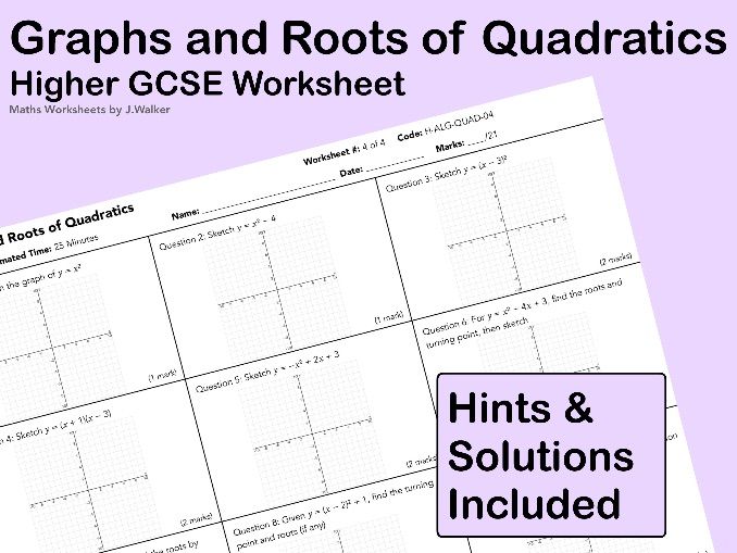 GCSE Maths Worksheet: Graphs and Roots of Quadratics - Higher Tier