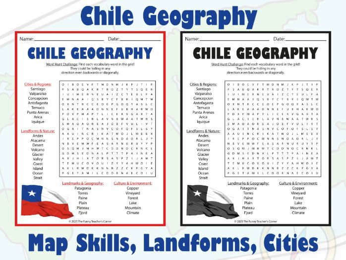 Chile Geography Word Search Puzzle | Map Skills, Landforms, Cities, and Landmark