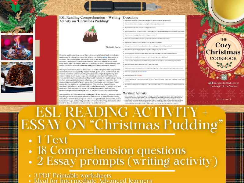 ESL Reading Comprehension + Writing Activity Worksheets on Christmas Pudding