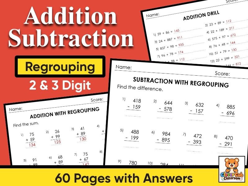 Addition Subtraction with Regrouping Worksheets | 2 & 3 Digit Math Practice