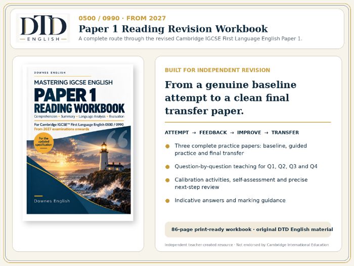 Cambridge IGCSE First Language English 0500 / 0990 Paper 1 Reading Revision Workbook | From 2027