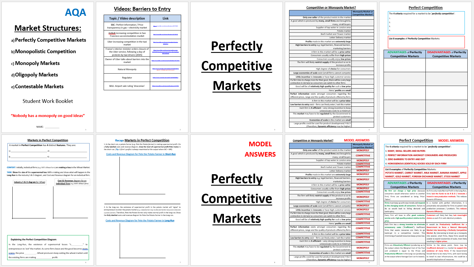 Market Structure - Perfect Competition, Monopolistic Competition, Monopoly, Oligopoly, Contestable Markets, Monopsony Market (for AQA A-Level)