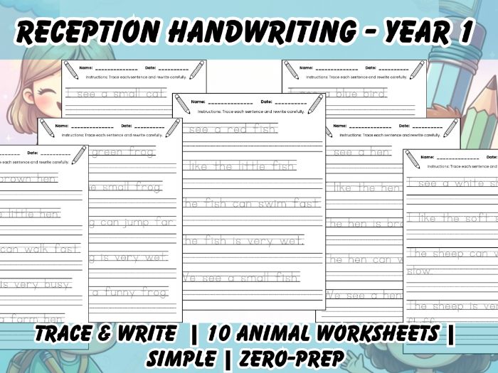 Reception EYFS Year 1 Animal Sentence Tracing Handwriting Practice 10 worksheets (version 2)