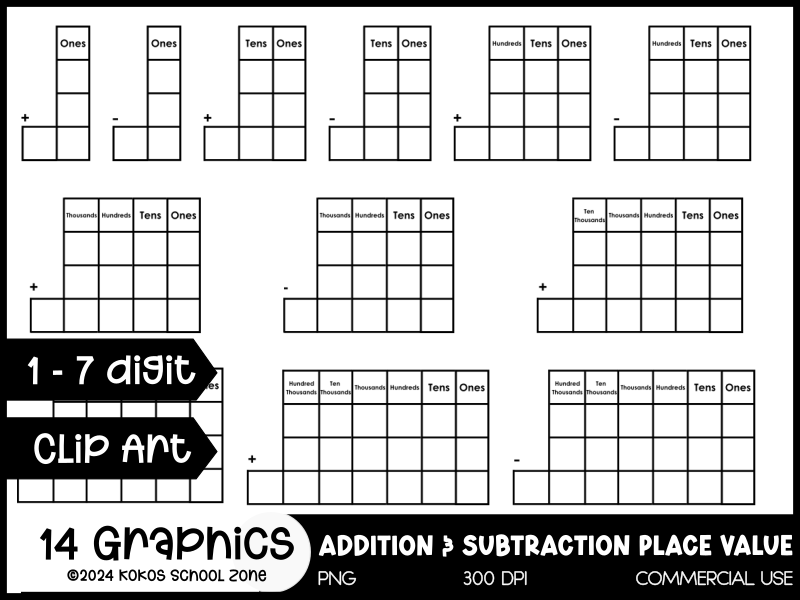 Clip Art: Addition and Subtraction Place Value Blank Math Equation Templates