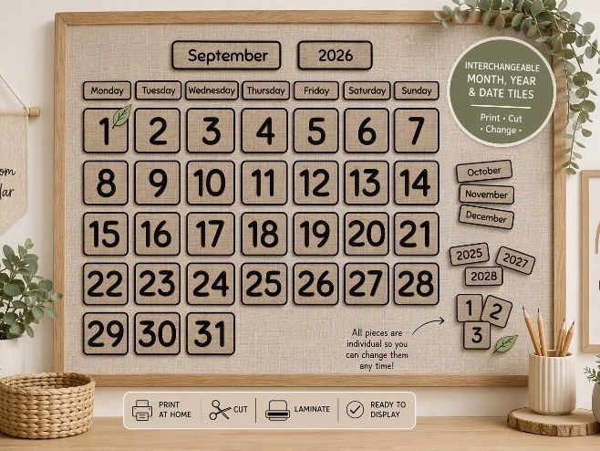 Neutral Hessian Classroom Calendar - Printable