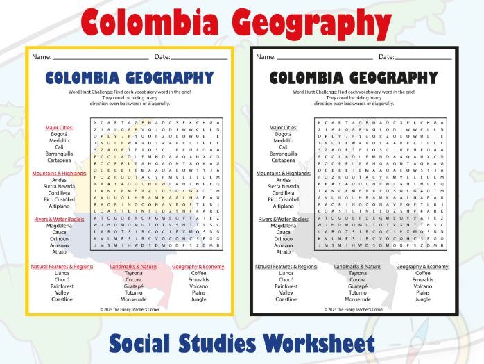 Colombia Geography Word Search Puzzle | Social Studies Worksheet for Grades 4–7