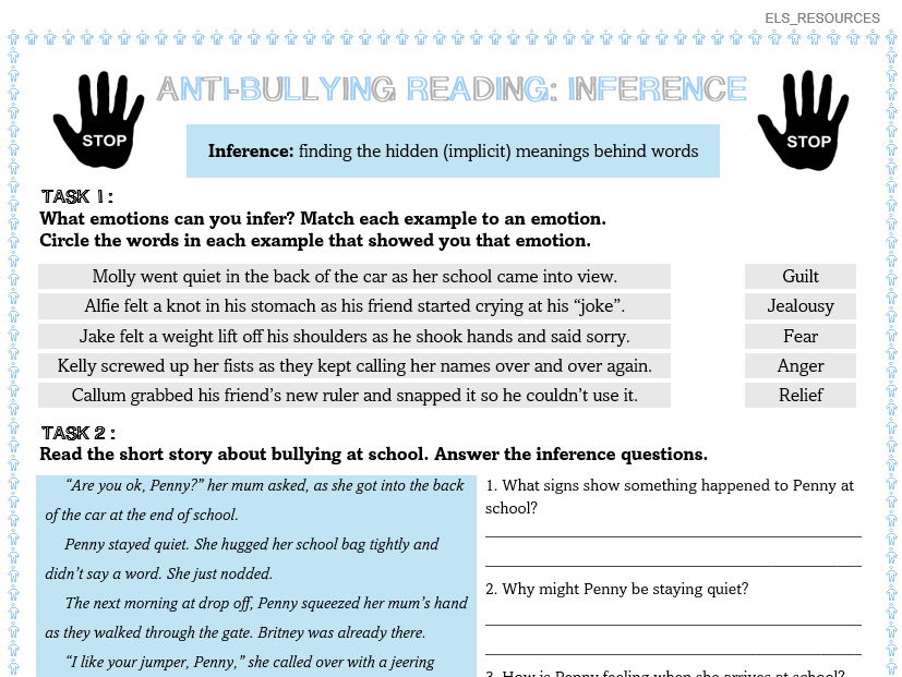 Anti-Bullying Week English Reading Skills Inference Worksheet ...