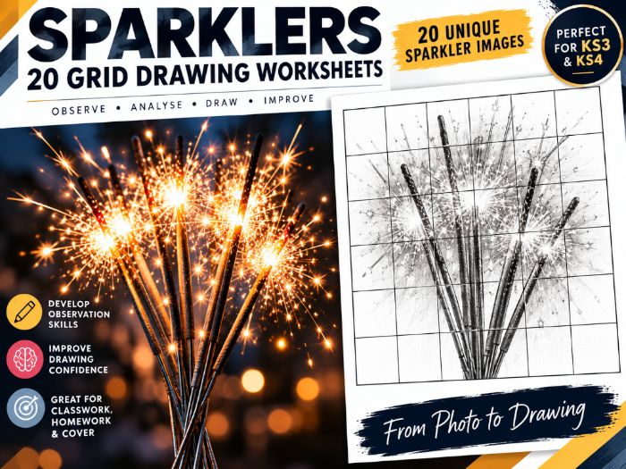 Sparklers Grid Drawing Worksheets | 20 Bonfire Night Art Activities | KS3 & KS4