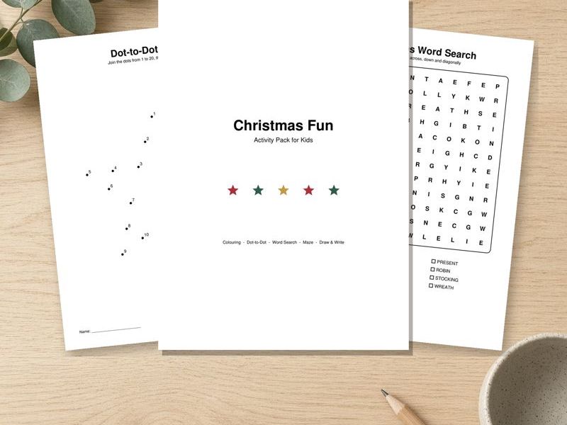Christmas Activity Pack: Colouring, Dot to Dot, Word Search & Maze