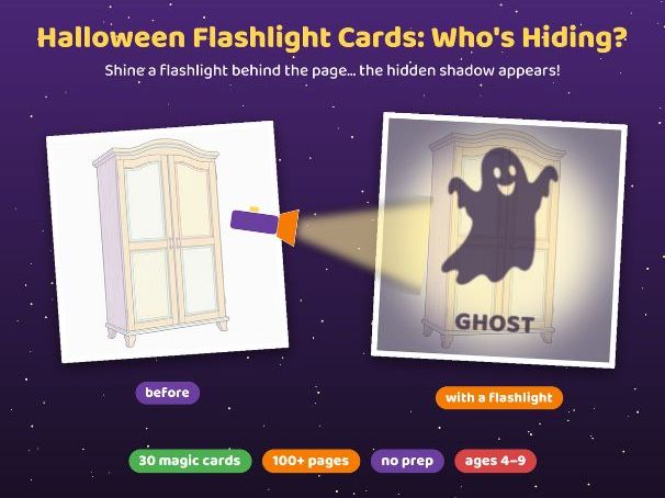 Halloween Flashlight Cards: Who's Hiding? Shine-Through Riddles & Light Science