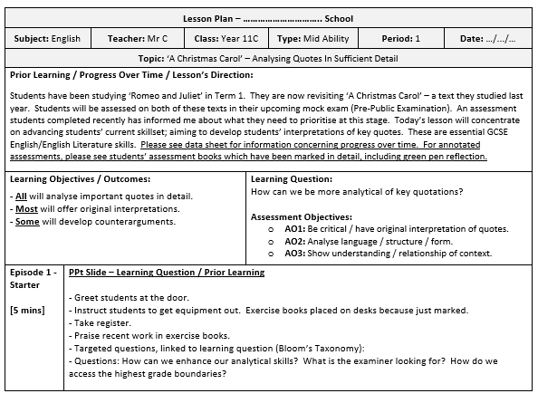 Lesson Plan Template Completed Example Teaching Resources