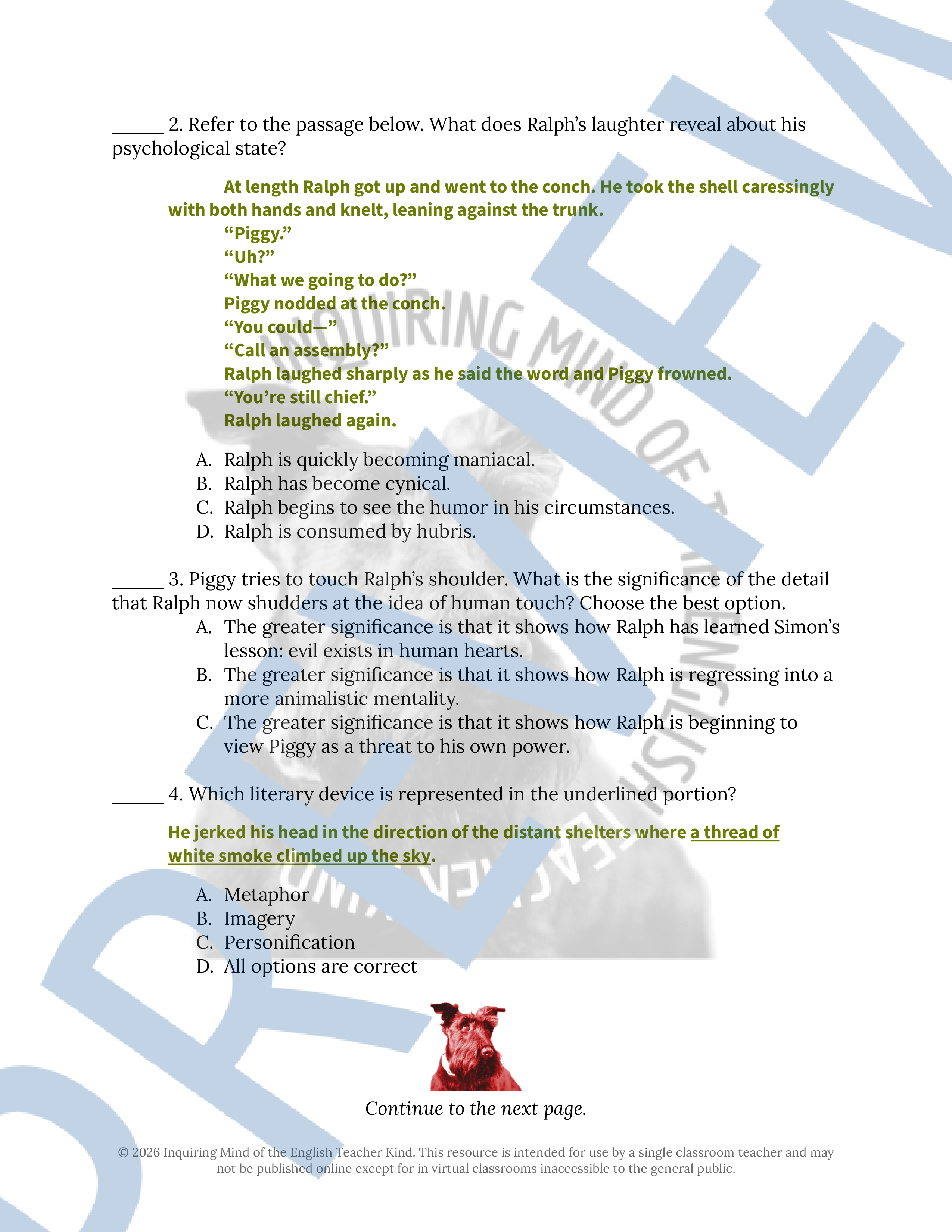 Lord of the Flies Chapter 10 Close Reading Analysis Worksheet ...