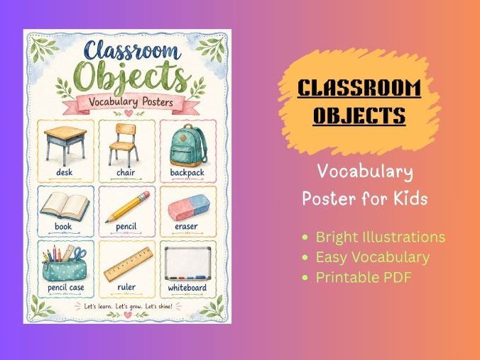 Kids Classroom Objects Vocabulary Poster | Printable English Learning Chart  Preschool & Kinderga