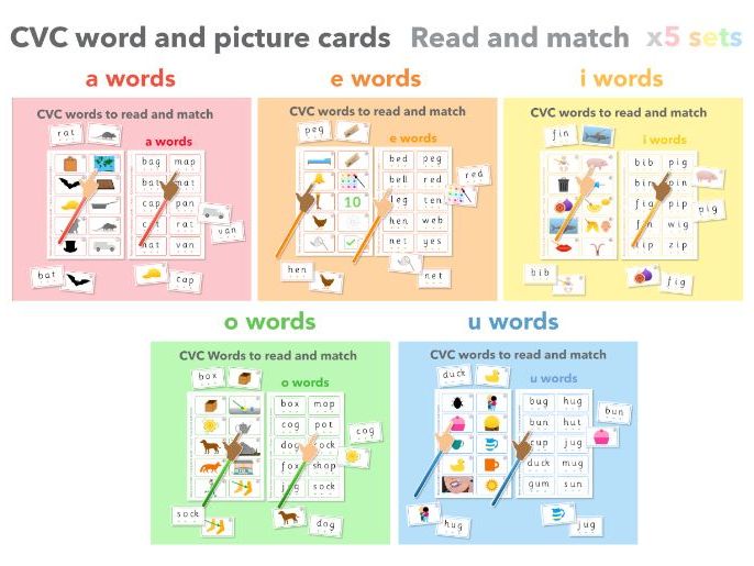 Word/picture cards x5 Matching Sets a e i o u