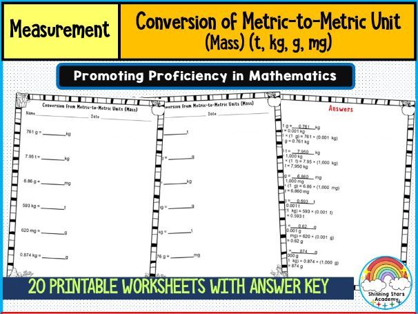 Conversion of Metric-to-Metric Unit (Mass) (t, kg, g, mg) Worksheets | Metric Weight and Mass Conver