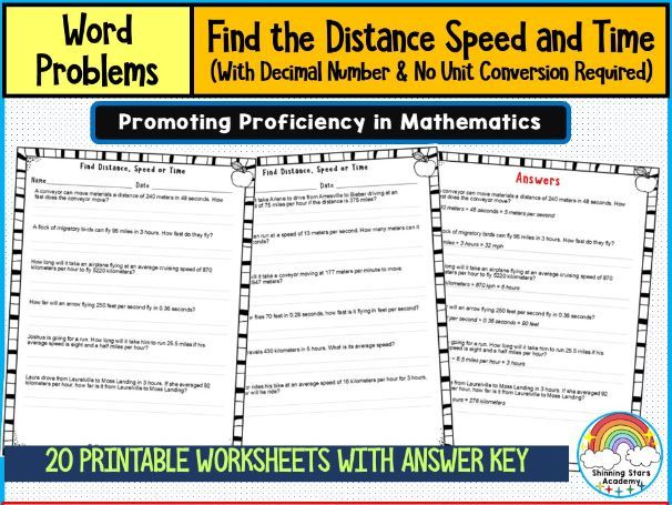 Find Distance, Time, or Speed in Each Problem with Decimal Numbers (No Unit Conversion Required) – W