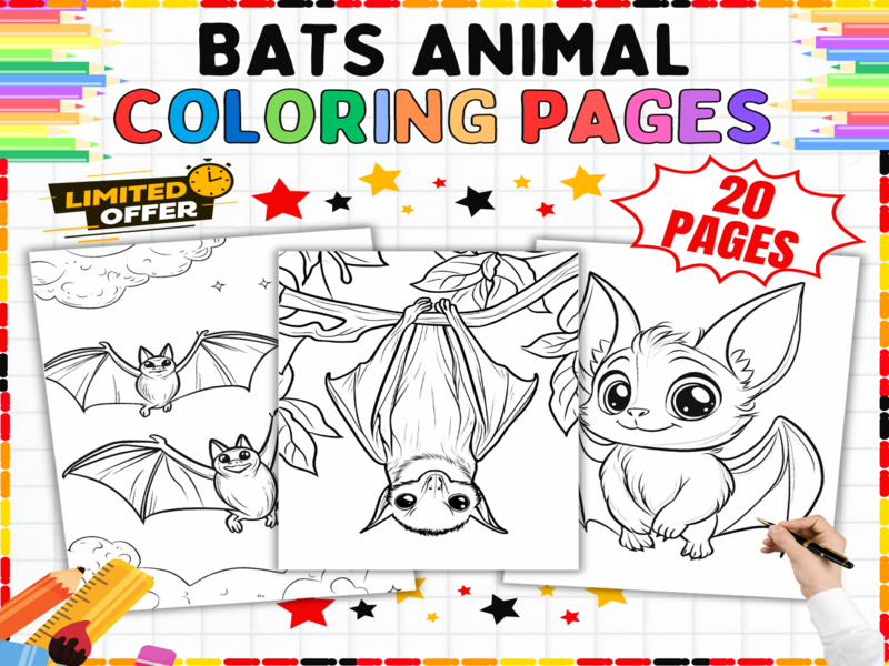 Bats Animal Colouring Pages | 20 Printable Nocturnal Wildlife Worksheets for Creative Learning