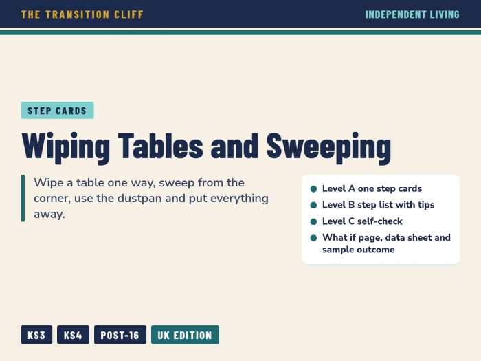 Wiping Tables and Sweeping Step Cards for SEND Independent Living and Work Skills