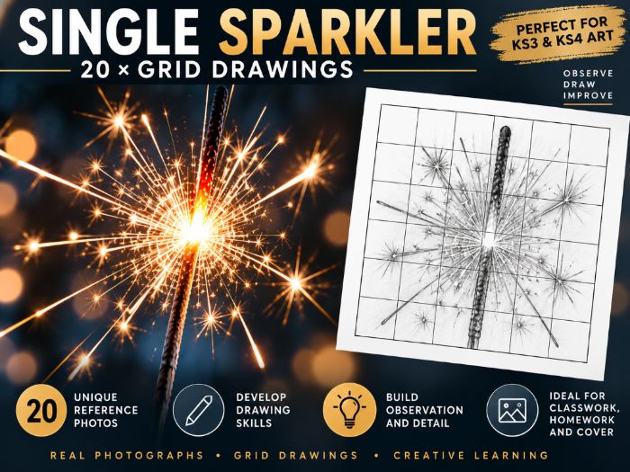 Single Sparkler Grid Drawing Worksheets – 20 Art Activities | Bonfire Night | KS3 & KS4