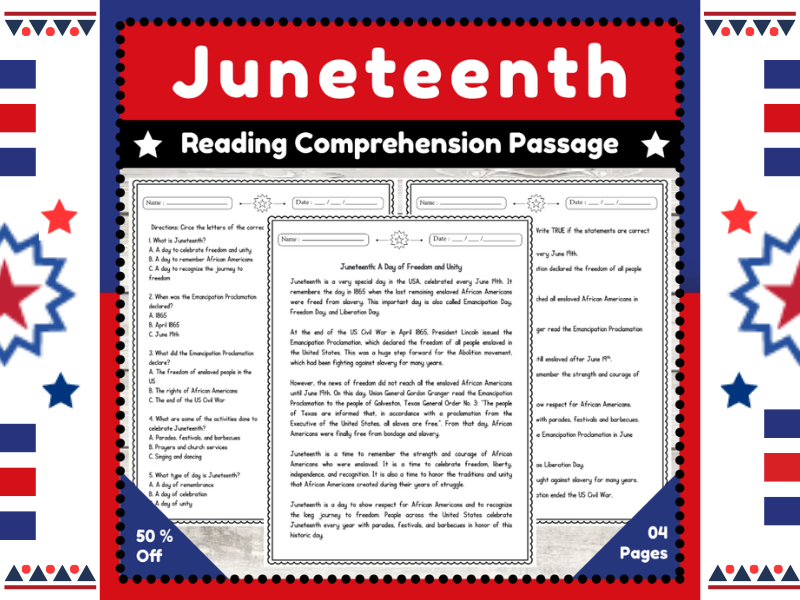 Juneteenth Reading Passage with Comprehension Exercises Worksheets