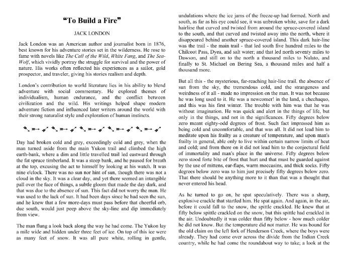 To Build a Fire by Jack London with Reading Comprehension Questions